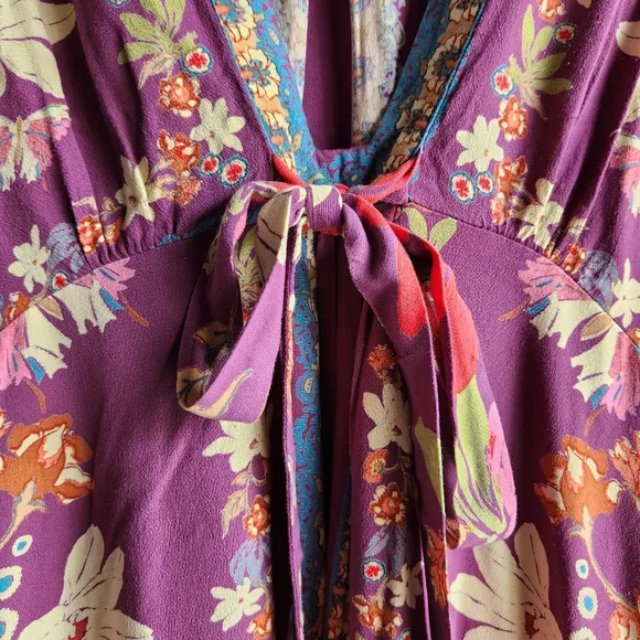 Free People Purple Floral Mini Dress | Long Sleeve Tie Front Boho‎ | Size 4 - Picture 3 of 8